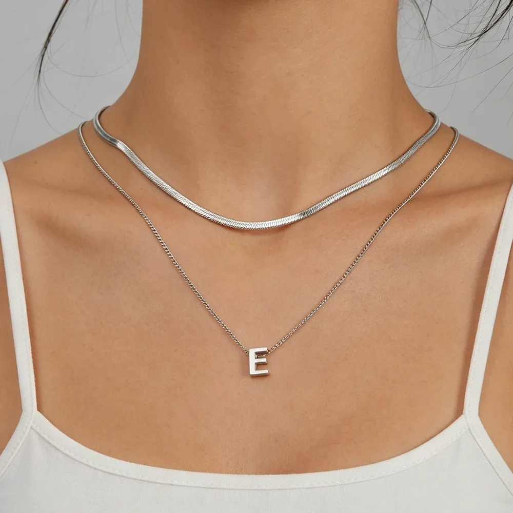 Skyrim Gold Color Initial Letter Necklace for Women Stainless Steel Double Layer Snake Chain A-Z Alphabet Jewelry Birthday Gift