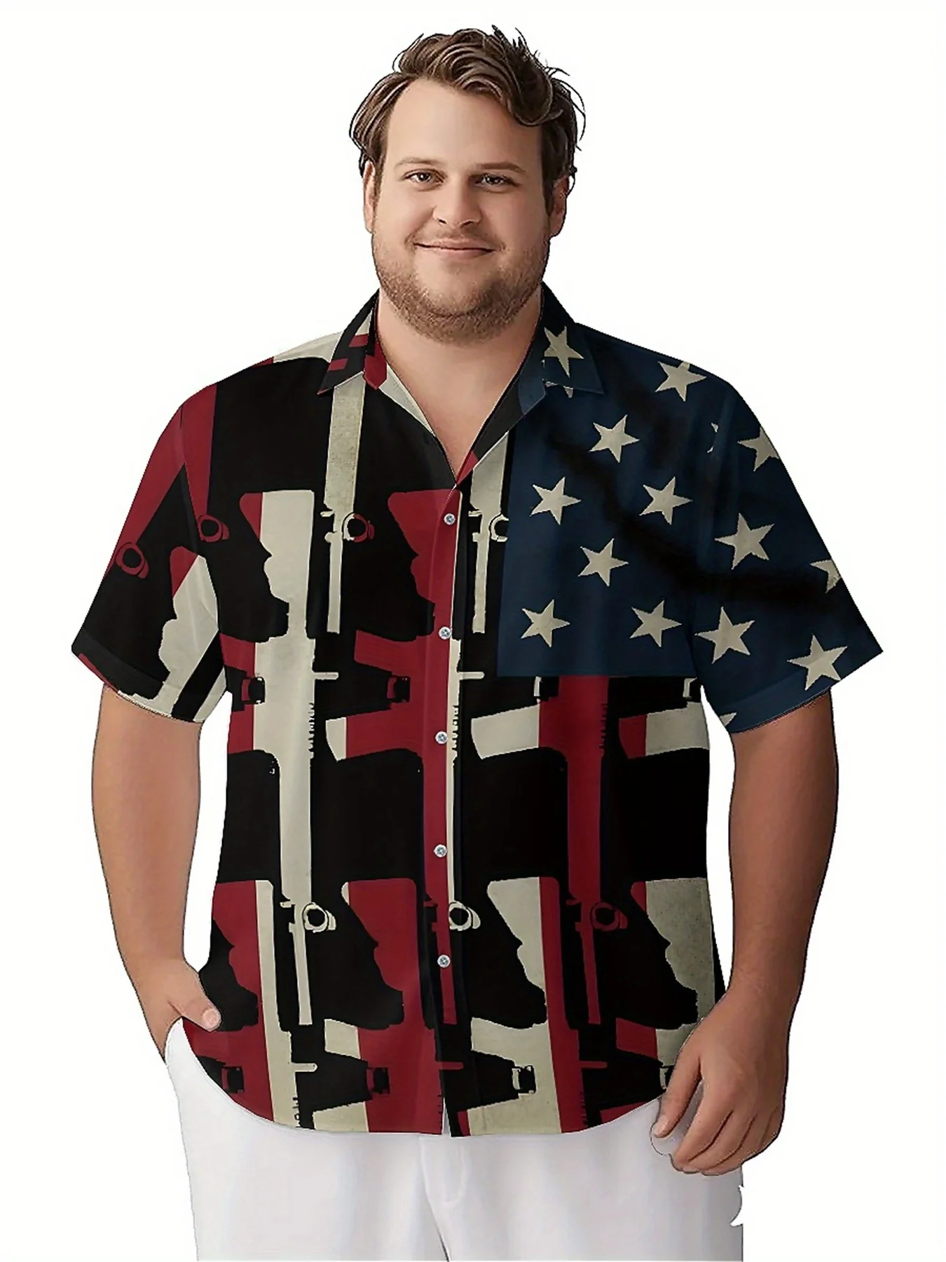 Men's Plus Size Hawaiian Shirts Classic Red, White and Blue and Guns Pattern, Summer Casual Tops, Suitable for Outdoor and Party