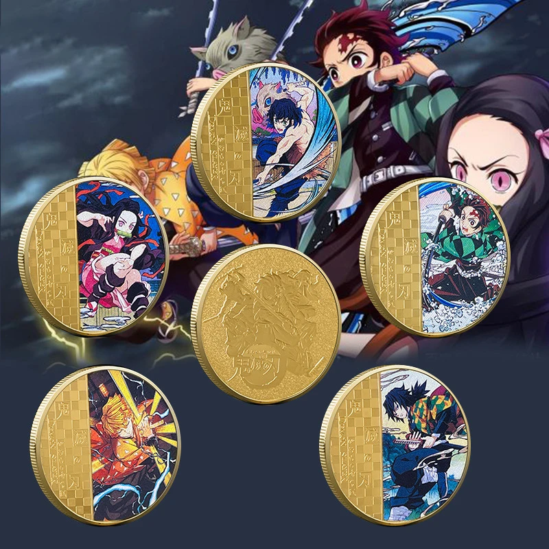 Bandai Demon Slayer Commemorative Coin Tanjiro Nezuko Color Drawing Collection Metal Accessories Animation Products Toys