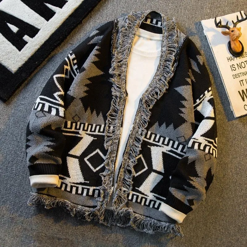 نمط محبوك سترة سترة الرجال موضة الاتجاه فضفاض Laid-الظهر الخامس الرقبة سترة مشغولة من الصوف سترة الرجال ربيع الخريف الرجعية العرقية #4