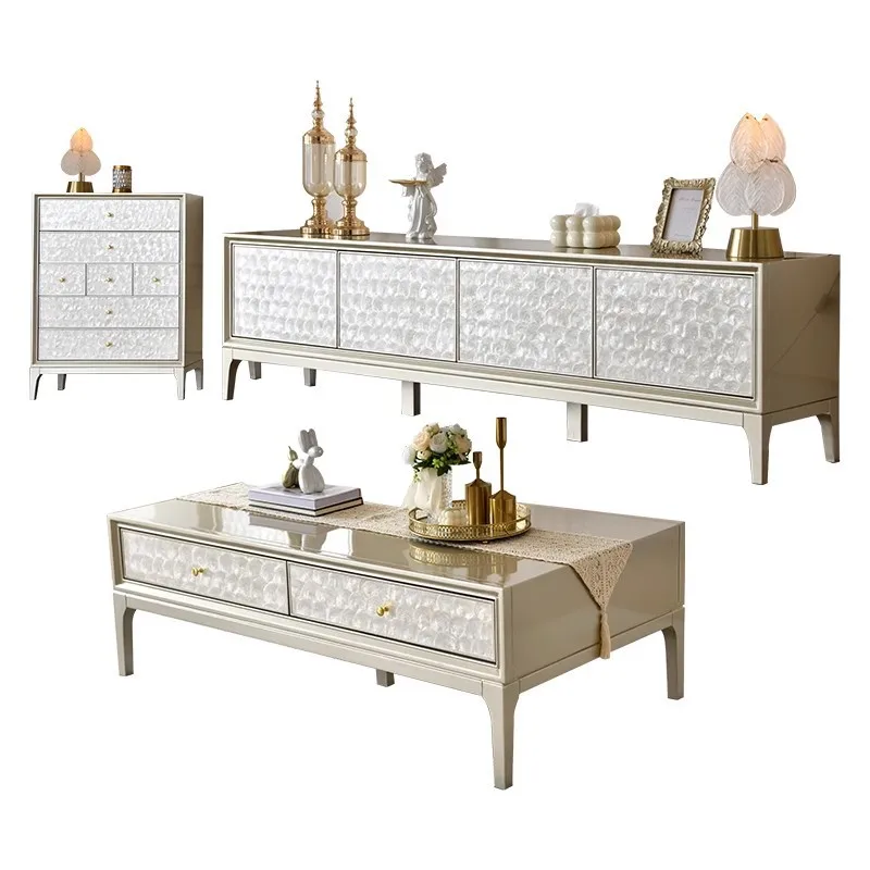 American light luxury shell coffee table TV cabinet combination solid wood cabinet living room storage cabinet drawer light luxu
