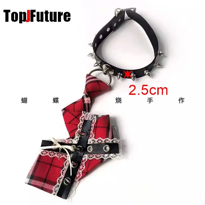 Women Men Y2K Girl Boy Gothic Harajuku Punk Steampunk Pre-Tied Red checks Ties rivet  Spiker Choker Necktie Accessories Goth Tie