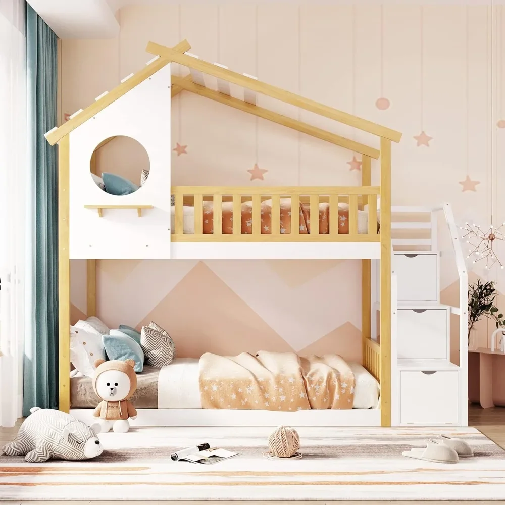 House Bunk Bed for Kids, Floor Bunk Bed with Round Windows, Wood Bunk with Storage Staircase and Guardrails Twin Size