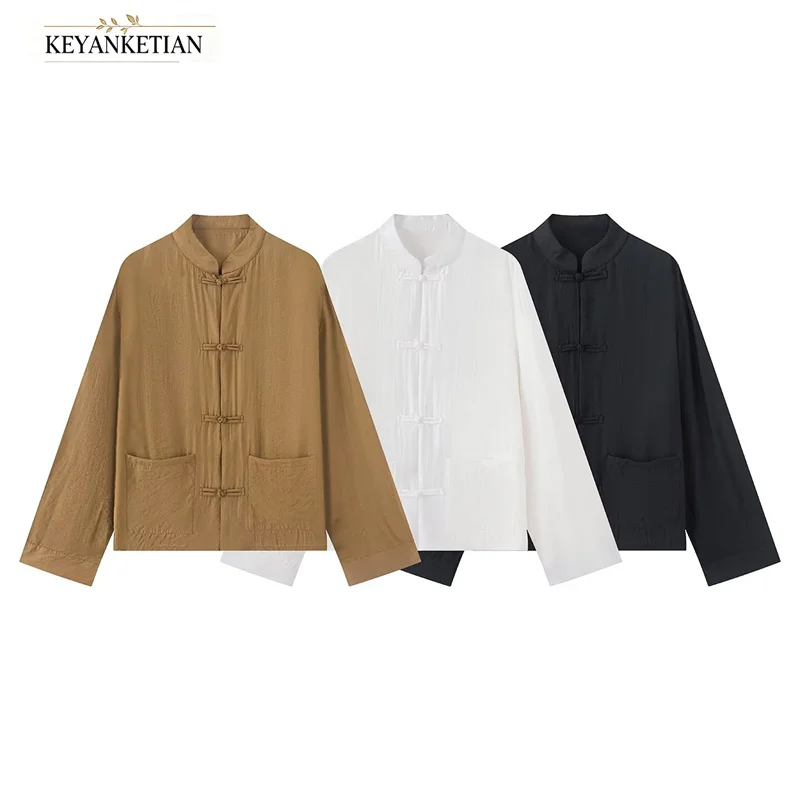 KEYANKETIAN 2026 Autumn Women Vintage Chinese Frog Button Blouse Stand Collar Long Sleeve Pocket Loose Lightweight Shirt Top