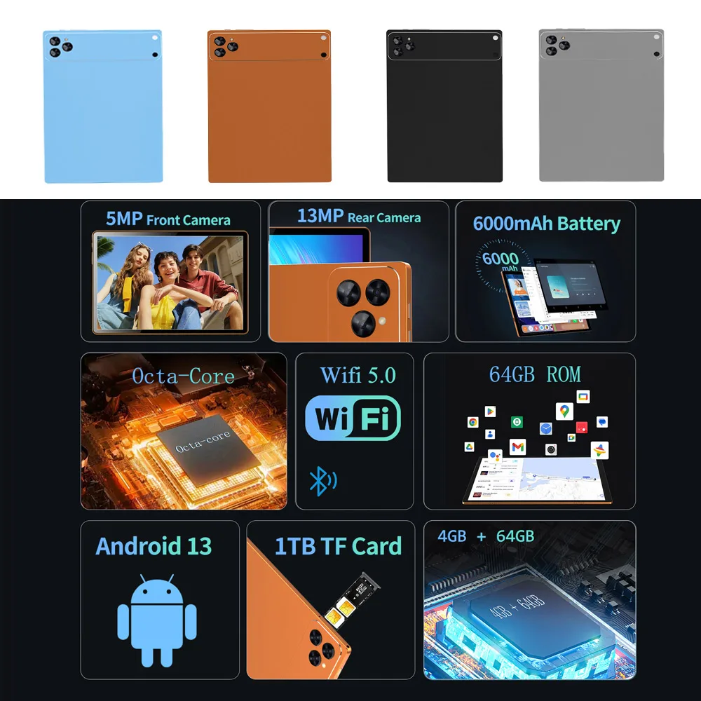 New 10.1-inch Android 13 Tablet, Equipped with 4GB RAM 64GBSupports Dual Cameras 5MP+13MP, 6000mAh Battery Dual SIM dual standby