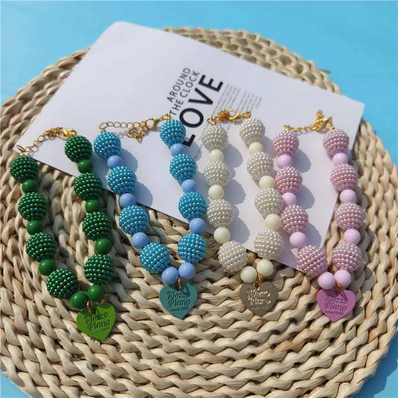 Cute High Quality Yangmei Beads Dog Collar Alloy Heart Pendant Elastic Line Adjustable Neck Necklace for Puppy Cats Accessories