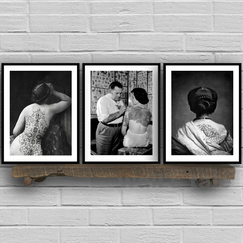 Impressions sur le thème de la fille de tatouage noir et blanc, affiche de photographie de tatouage de dernière souper Vintage, pour décor esthétique de Studio de tatouage 1 pièce