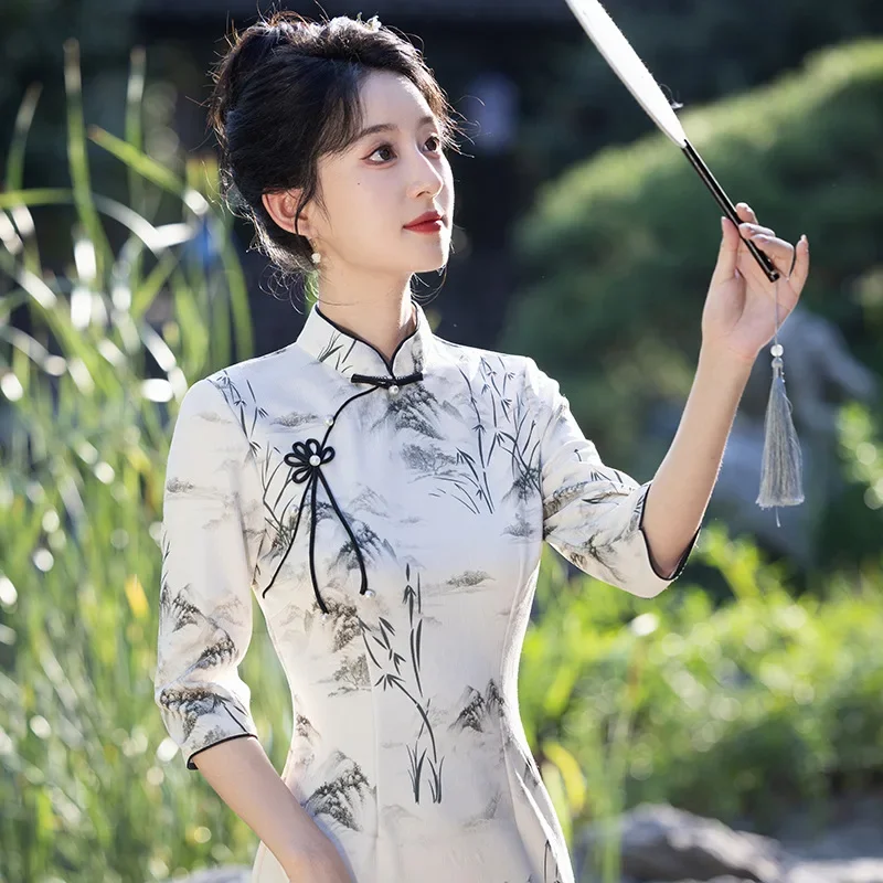 

Improved Cheongsam 2024 Autumn New Handmade Button Young Style Ink Wash Slimming Cheongsam Qipao Dress