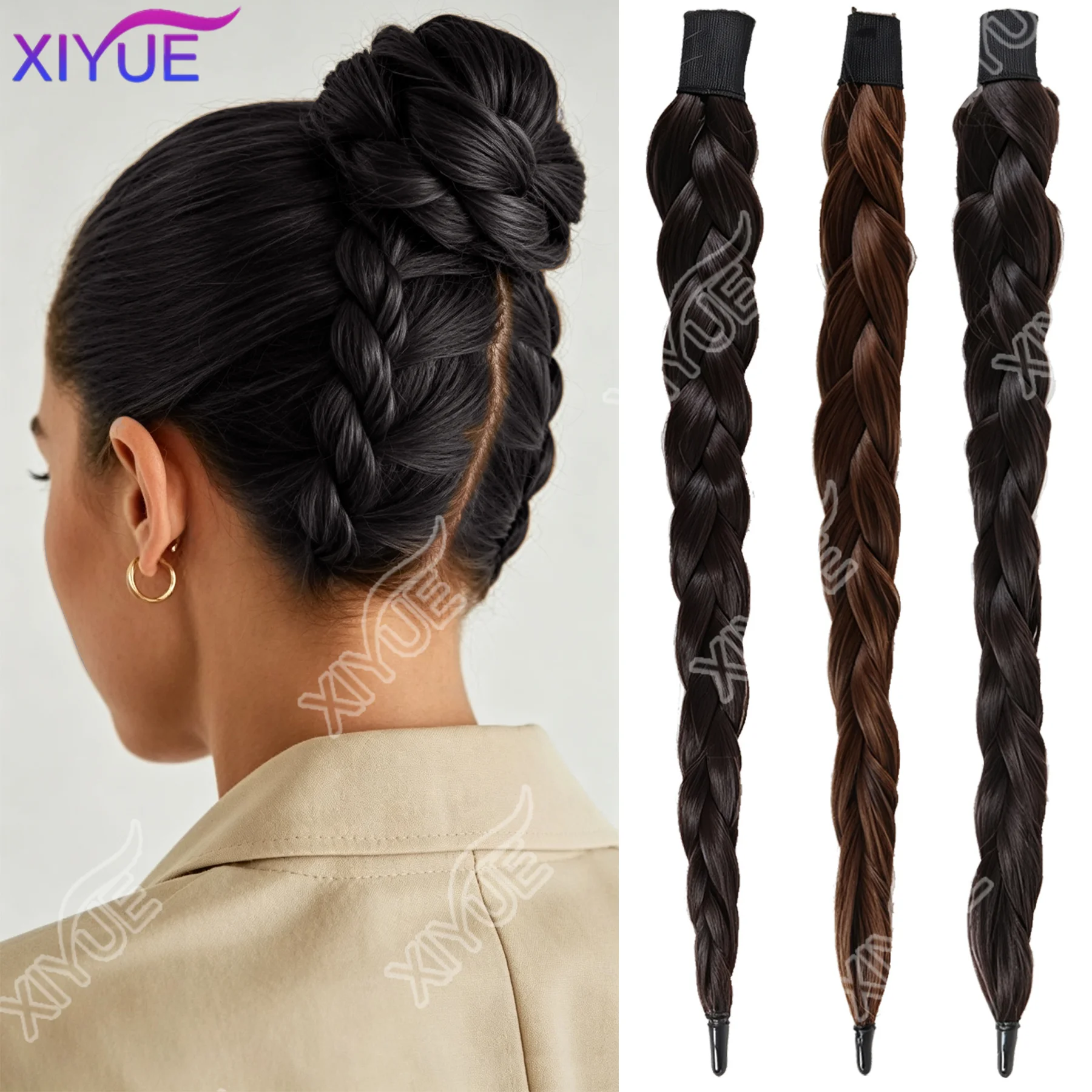XY Synthetic Braided Hair Stick Hairpiece, Pre-Styled Chunky Braid Wrap Around Hair Bun Maker Invisible Seamless Magic Hair XY
