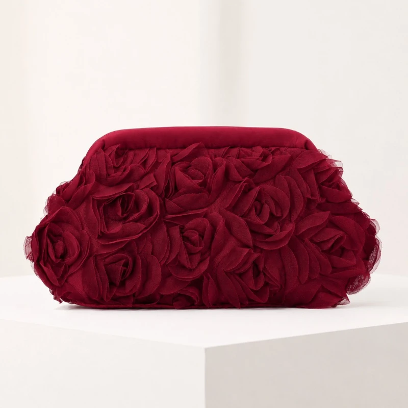 Elegant 3D Mesh Rose Flower Evening Clutch Bag Satin Frame Purse With Removable Metal Chain Strap Wedding Prom Party Handbag
