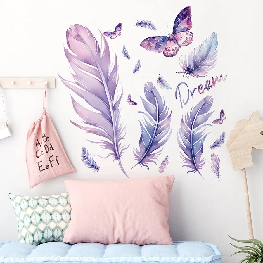 

Psychedelic Purple Butterfly Feathers Wall Sticker Dream Gorgeous Plume Decal for Girls Room Living Room Bedroom Home Decoration