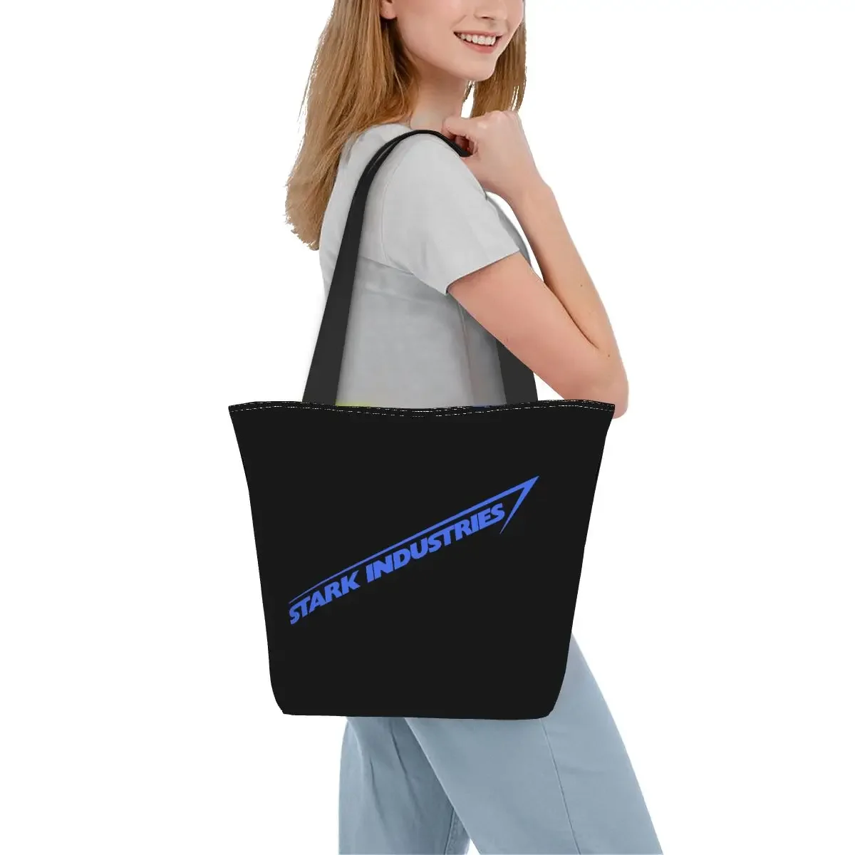 Moda Impressão Azul Stark Indústria Tote, Sacos De Compras, Reciclagem De Lona Ombro Shopper Bolsa