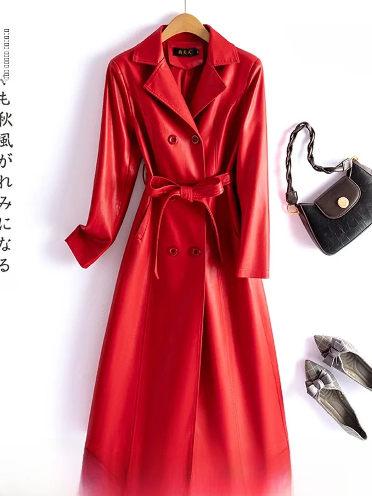   닝 정품 가죽 코트 여성용 중간 길이 무릎 위 2025 봄 가을 신상 한국 버전 슬림핏 양가죽 방풍...