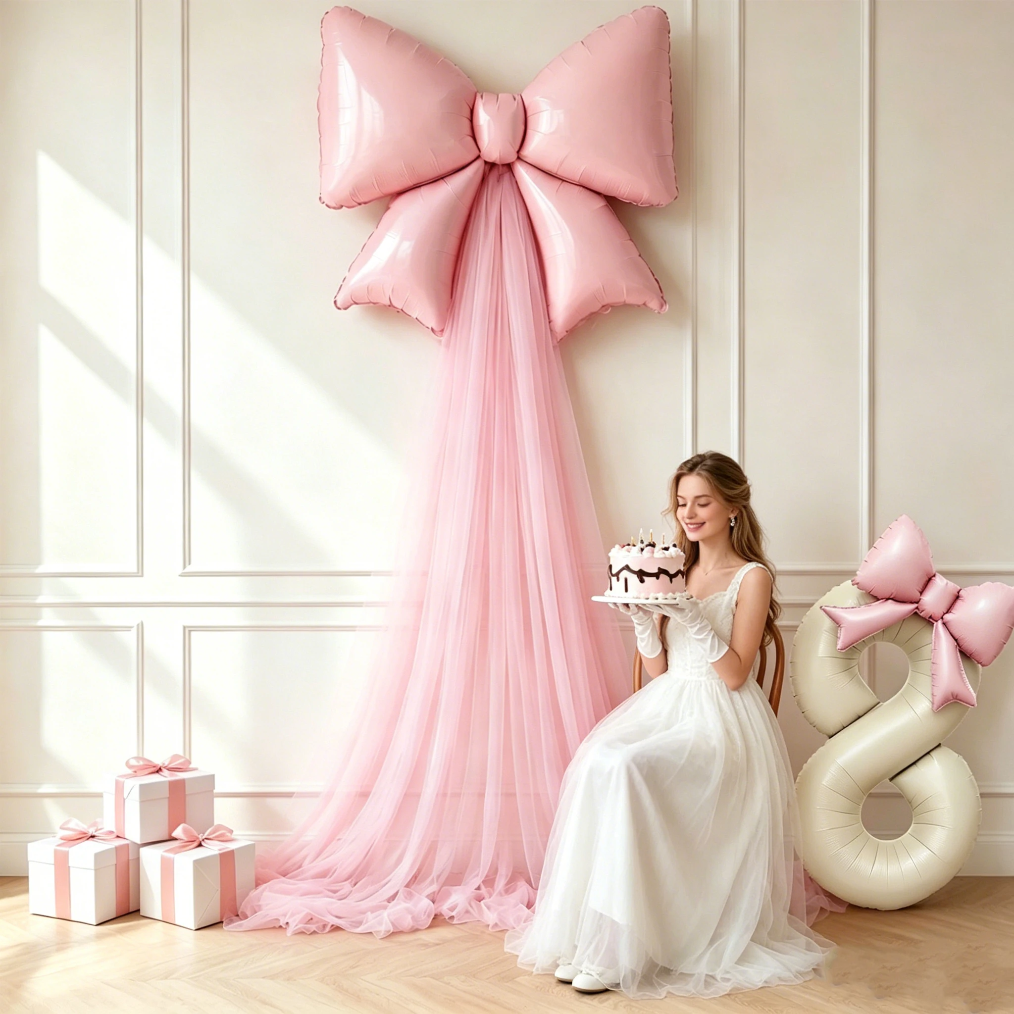Ensemble de 5 ballons décoratifs DIY pour fond de fête d'anniversaire, comprenant des ballons chiffres en aluminium crème de 40 pouces (0-9), des ballons nœuds roses clairs avec tulle et points adhésifs, idéal pour décorations de fête sur le thème des princesses, baby showers, propositions de mariage, anniversaires, fournitures pour créer l'ambiance de fête d'anniversaire, accessoires photo.