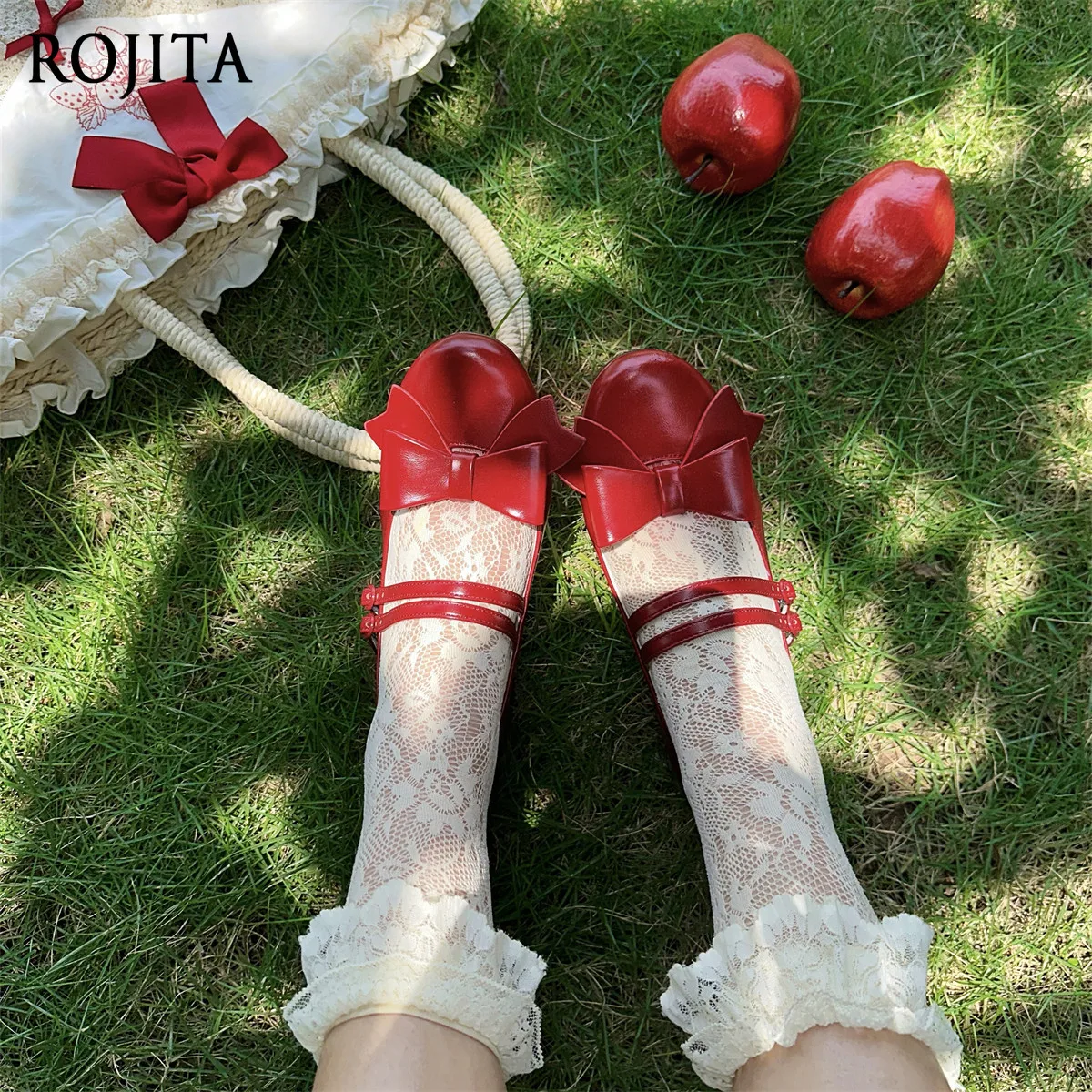 Pointed Elegant Small Leather Shoes Sweet Lolita Mary Jane Shoes Women Bow Knot Mid Heel Pumps Leather Ankle Strap Shoes