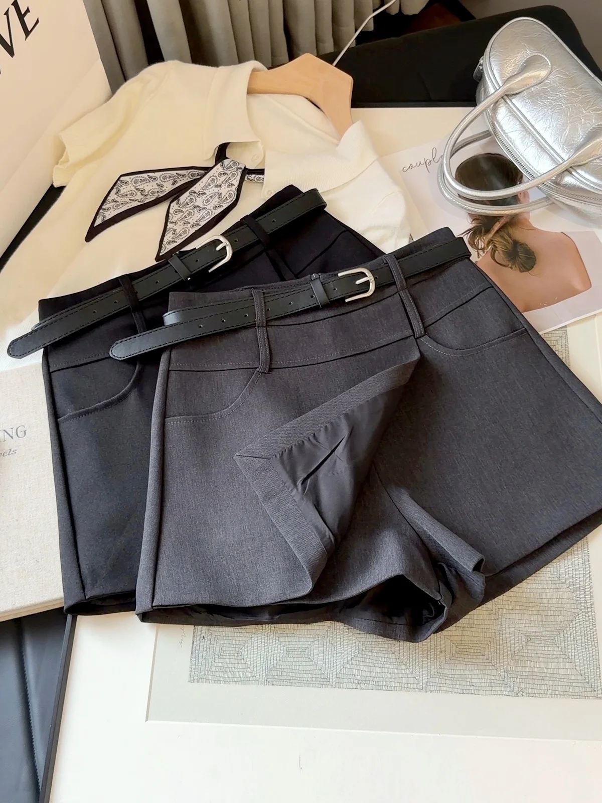 Women's Autumn New High Waist Skort With Belt Blazer Fabric A‑Line Skirt Shorts Irregular Short Culottes