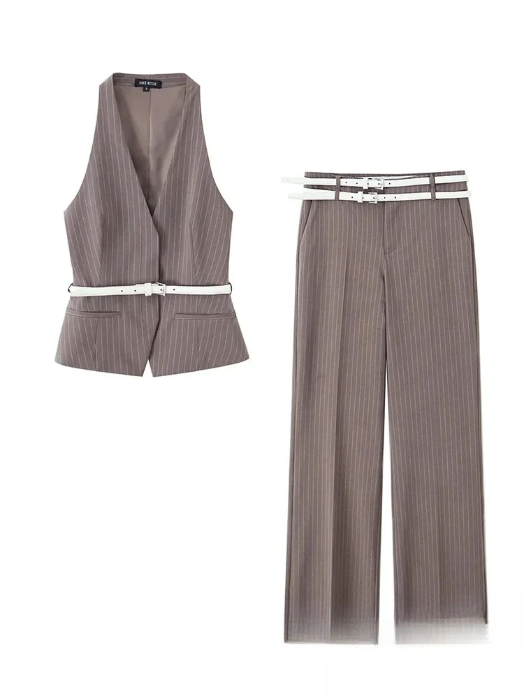 

KONDALA Vintage Striped Women Suit V-Neck Single Breasted Belt Vest Straight Loose Belt Pants Fashion 2025 Spring Summer Sets