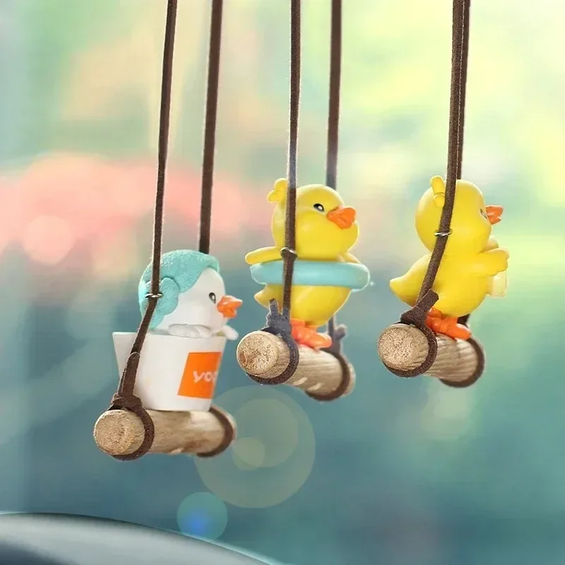Kawaii Cartoon Swinging Duck Pendant Car Rearview Mirror Hanging Charm Auto Interior Couple Birthday Ornament