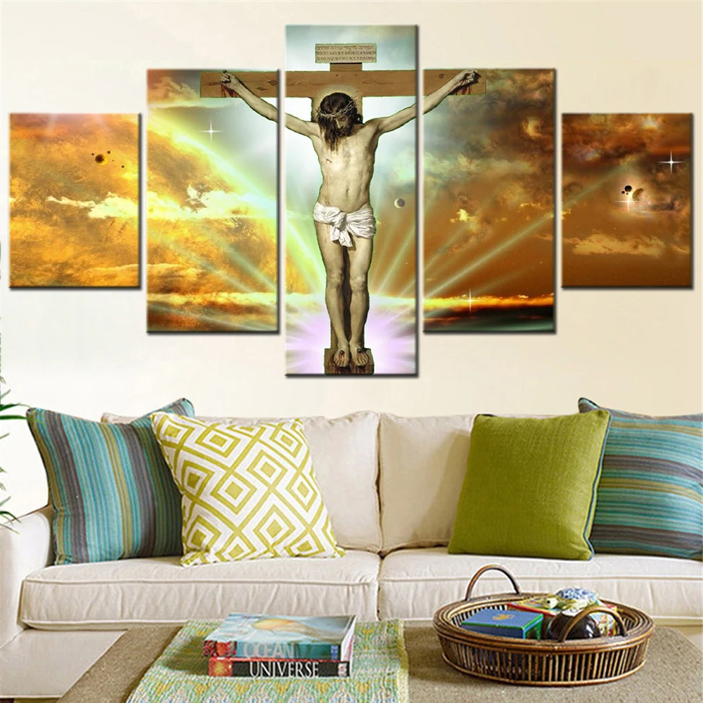 5 Pieces Canvas Wall Arts Poster Painting Christianity Cross Jesus Wallpaper Home Decoration Living Room Picture Print Artwork