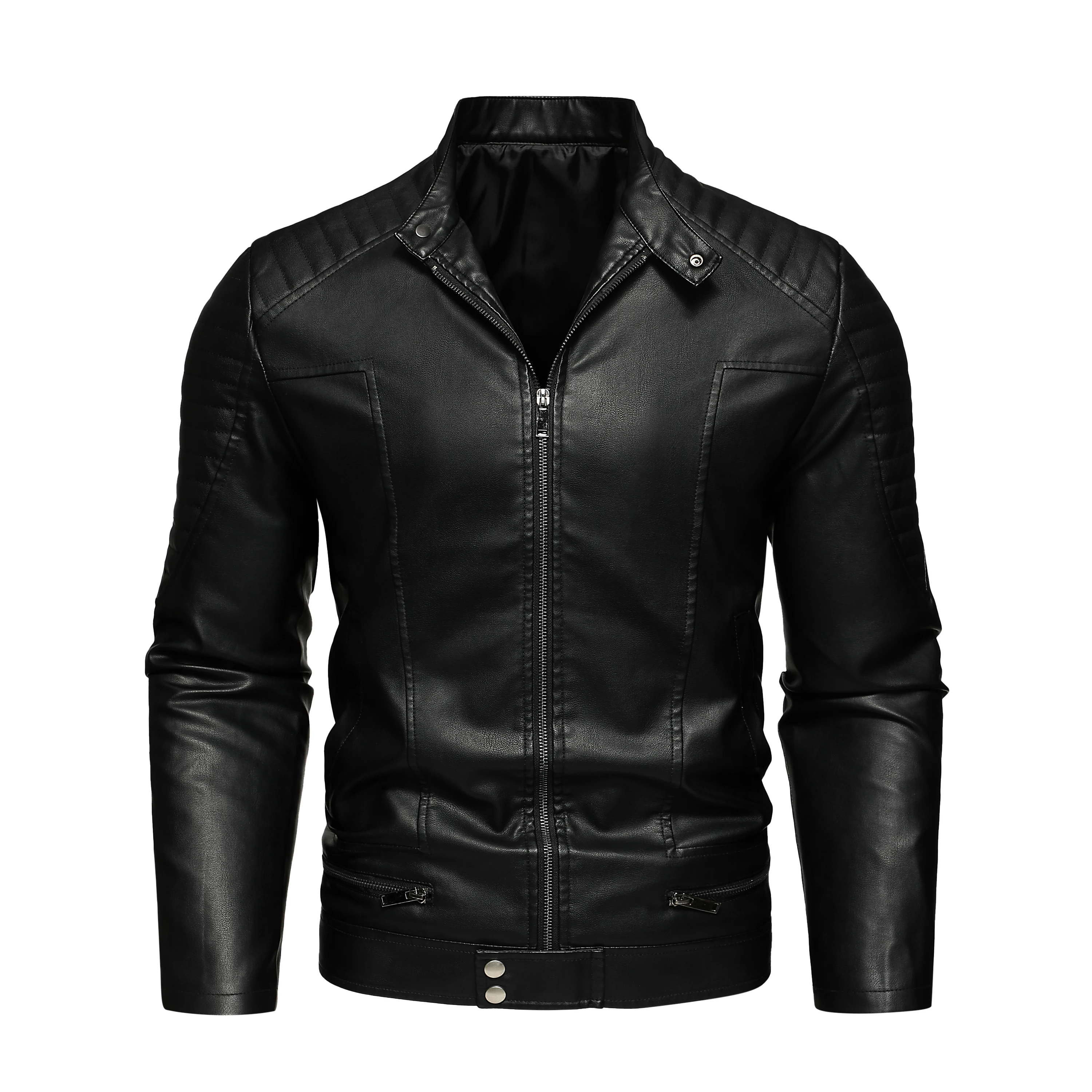 Men's Solid Color Stand Collar Leather Jacket Stylish Durable Single Piece for Casual Wear All Seasons