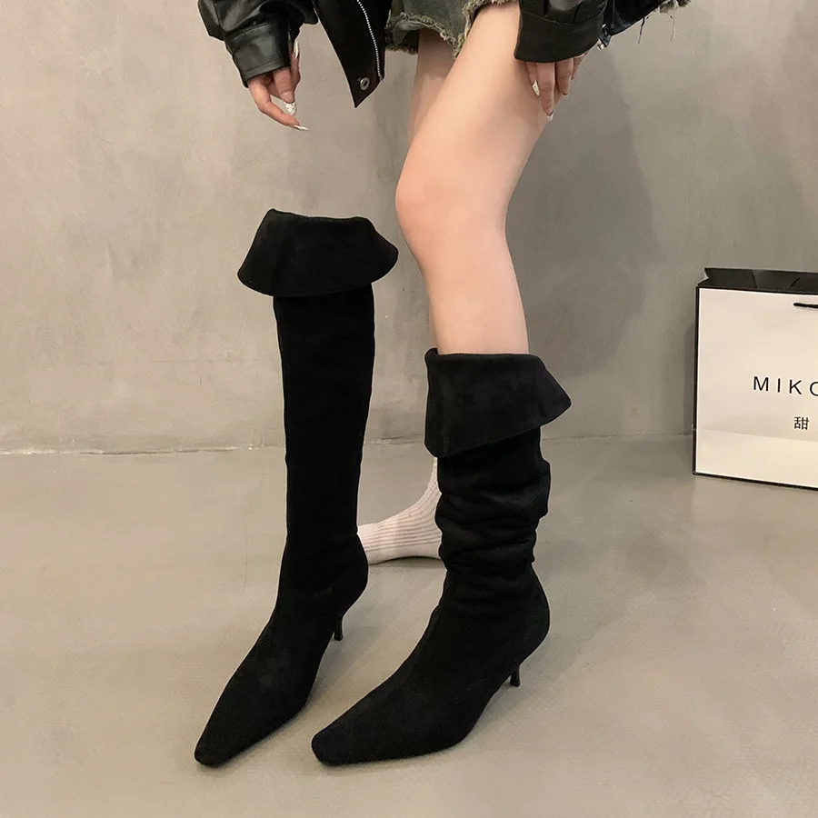 Flannel Small Square Toe Botas Largas De Mujer Over-The-Knee Slip On Stretch Slim Long Boots For Women Stiletto High Heels Retro