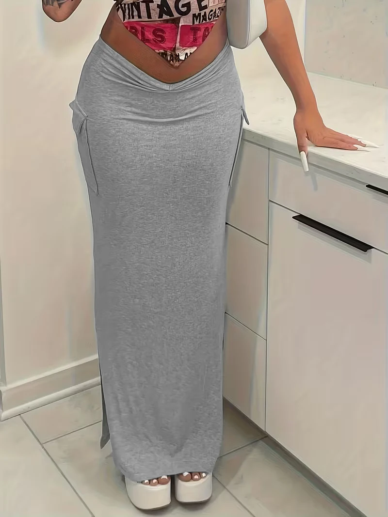 Women Gray Maxi Skirt High Waist Drawstring Pockets Back Slit Bodycon Long Casual Streetwear Bottoms