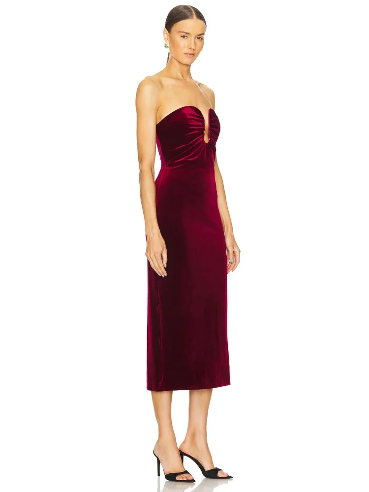Sexy Diepe V-hals Strapless Plooien Ontwerp Midi Jurk Vrouwen Bordeaux Fluwelen Mouwloze Backless Bodycon Jurken Avondfeest Jurken
