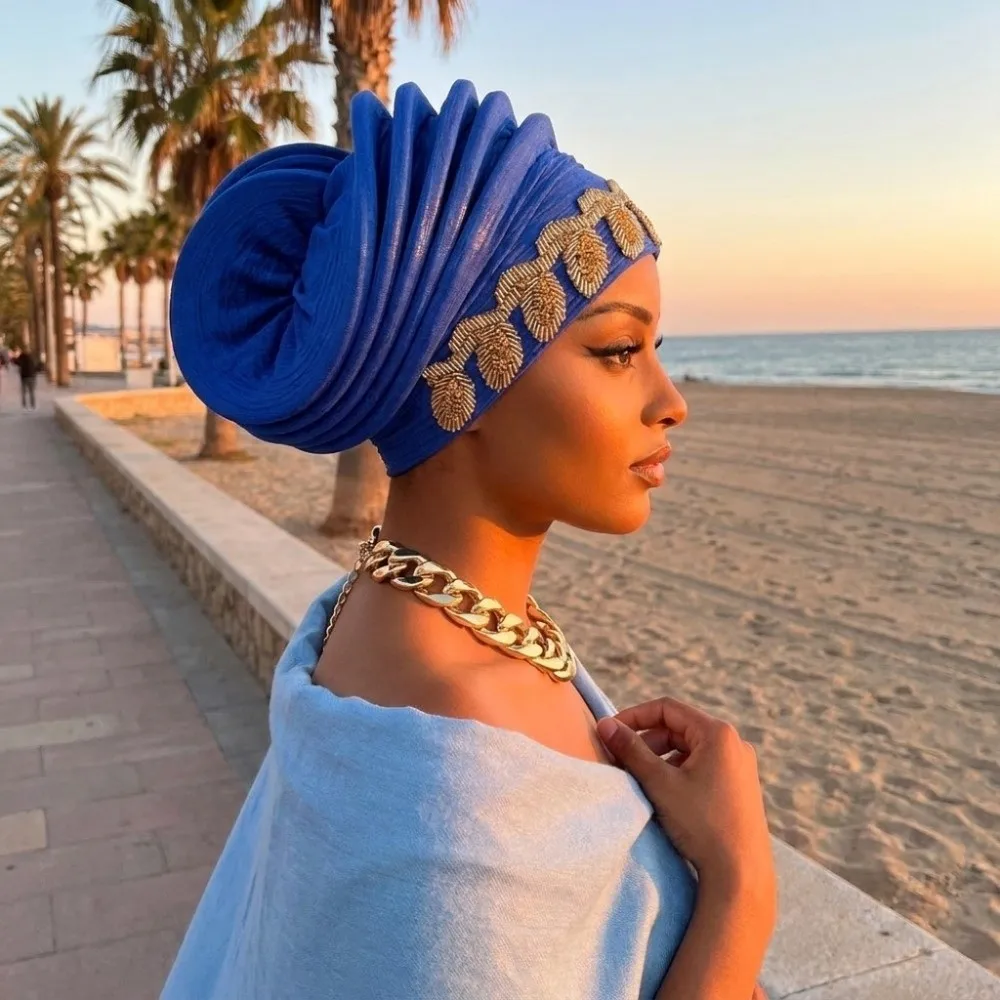 Shiny African Gele Headwrap Leaf Polyester Yoruba Turban Hat Gold Embellished Multiple Color Options Traditional Headpiece Party