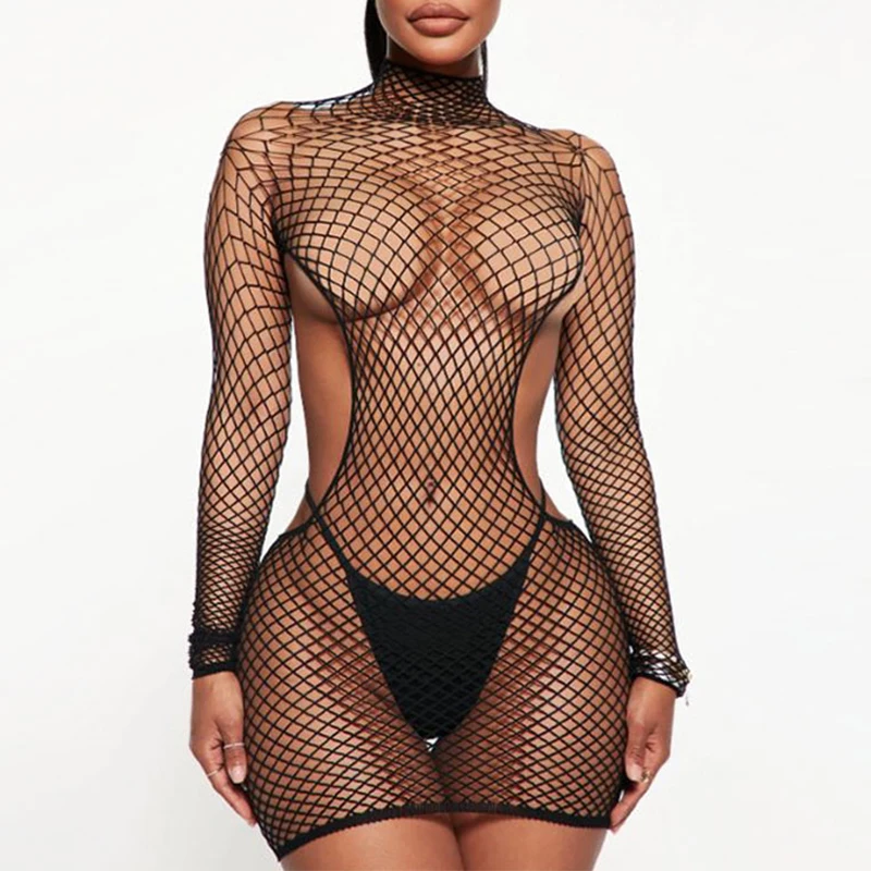 Sexy Open Back Babydoll Dress Erotic Wrap Hips Lingerie Women High Neck Long Sleeve Bodysuit Fishnet Hollow Baby Dolls Underwear