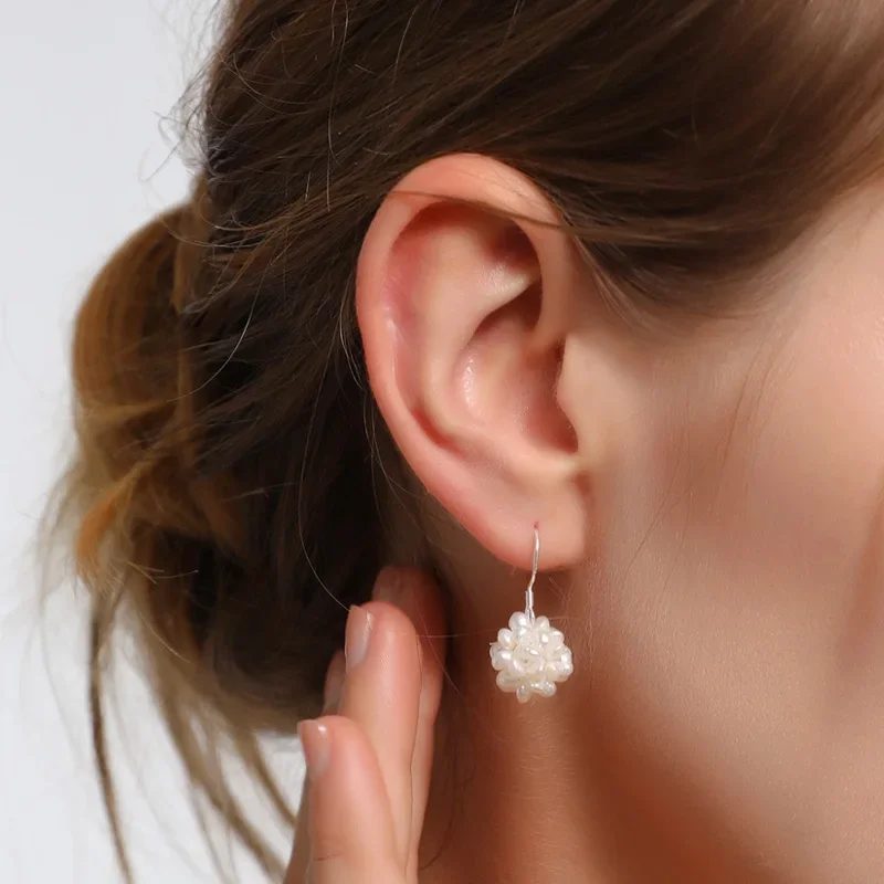 Dainashi New in Baroque Flower Ball Shape Freshwater Pearl Earrings 925 Sterling Silver Hook Earrings for Women Jewelry Gift