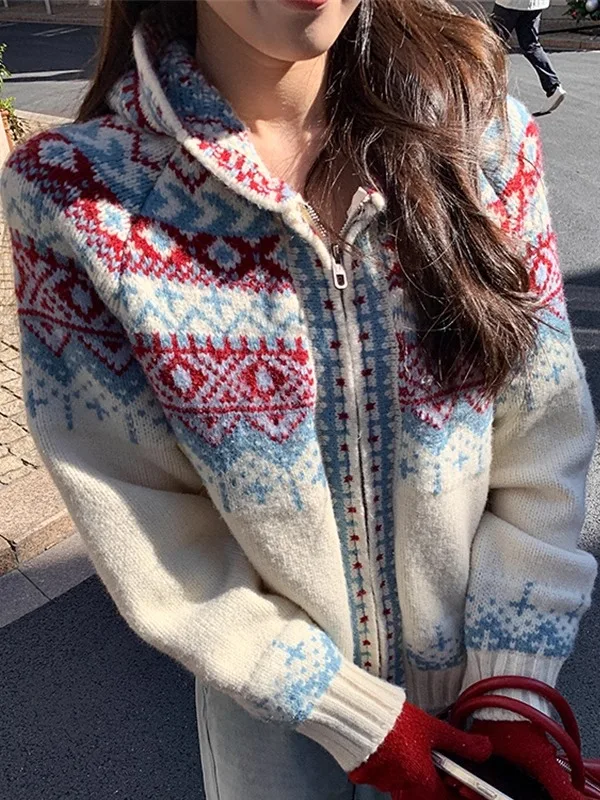 Thickened Knitted Zipper Hoodie Women's Cardigan Sweater Coat Retro Style Warm Geometric Pattern Casual Wear Autumn Winter Ne...