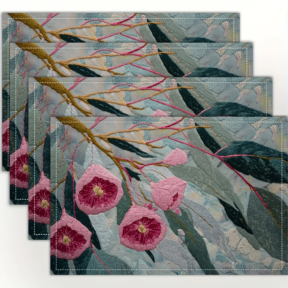 Embroidered Floral Placemat Set of 4 Linen Table Mats with Pink Flowers for Dining Table Kitchen Decor Elegant(table mats)