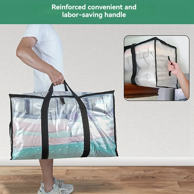 أكياس متحركة شفافة جديدة شديدة التحمل - 4 عبوات من أكياس تخزين سعة 90 لتر مع مقابض قوية وسحاب ومقاومة للماء وشبه شفافة