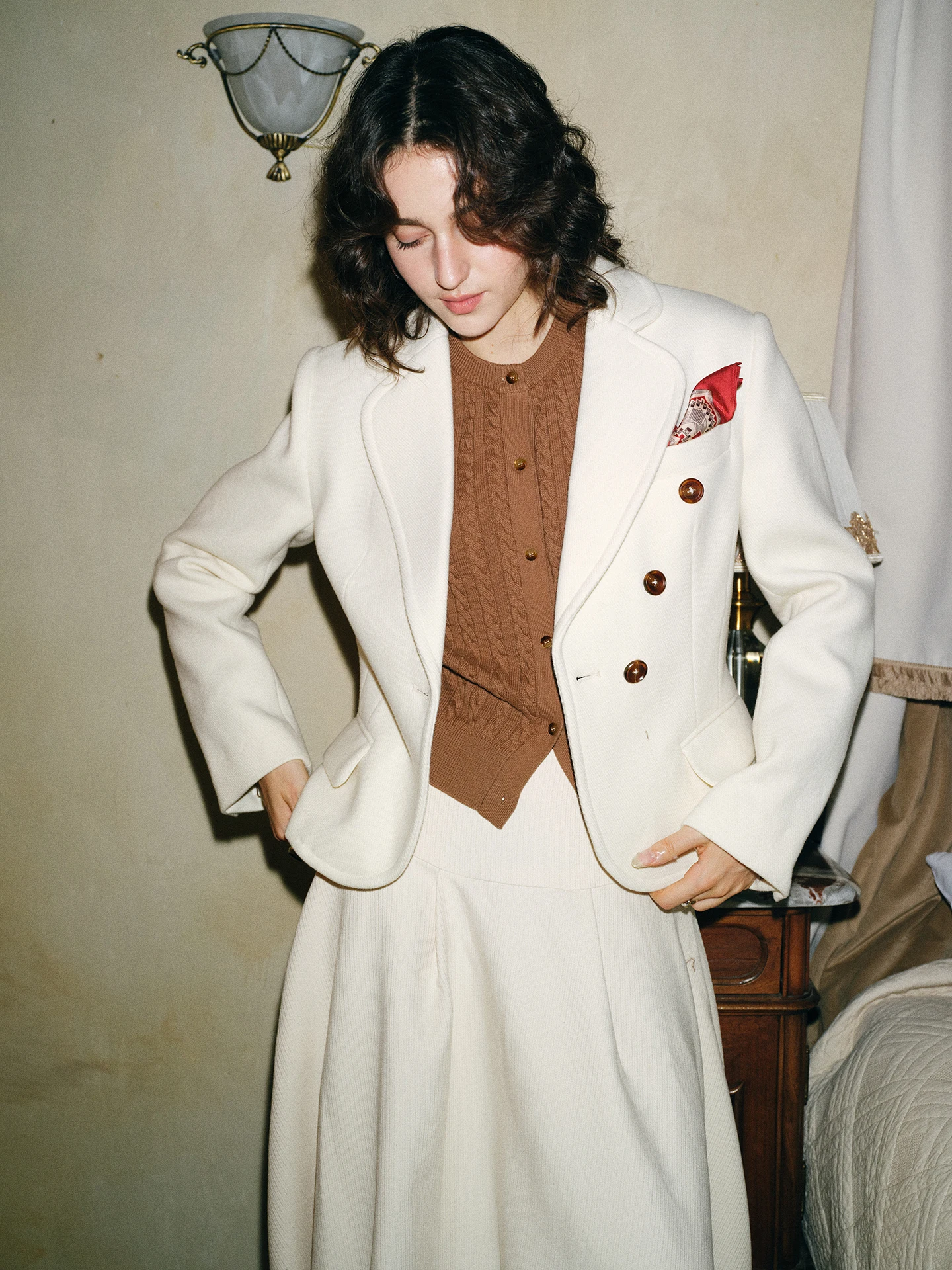 

Ele Simple High Quali Women's Suit Jaet round Ne Waist Cinched Luxury French Sle Long Sve Polyester Casual