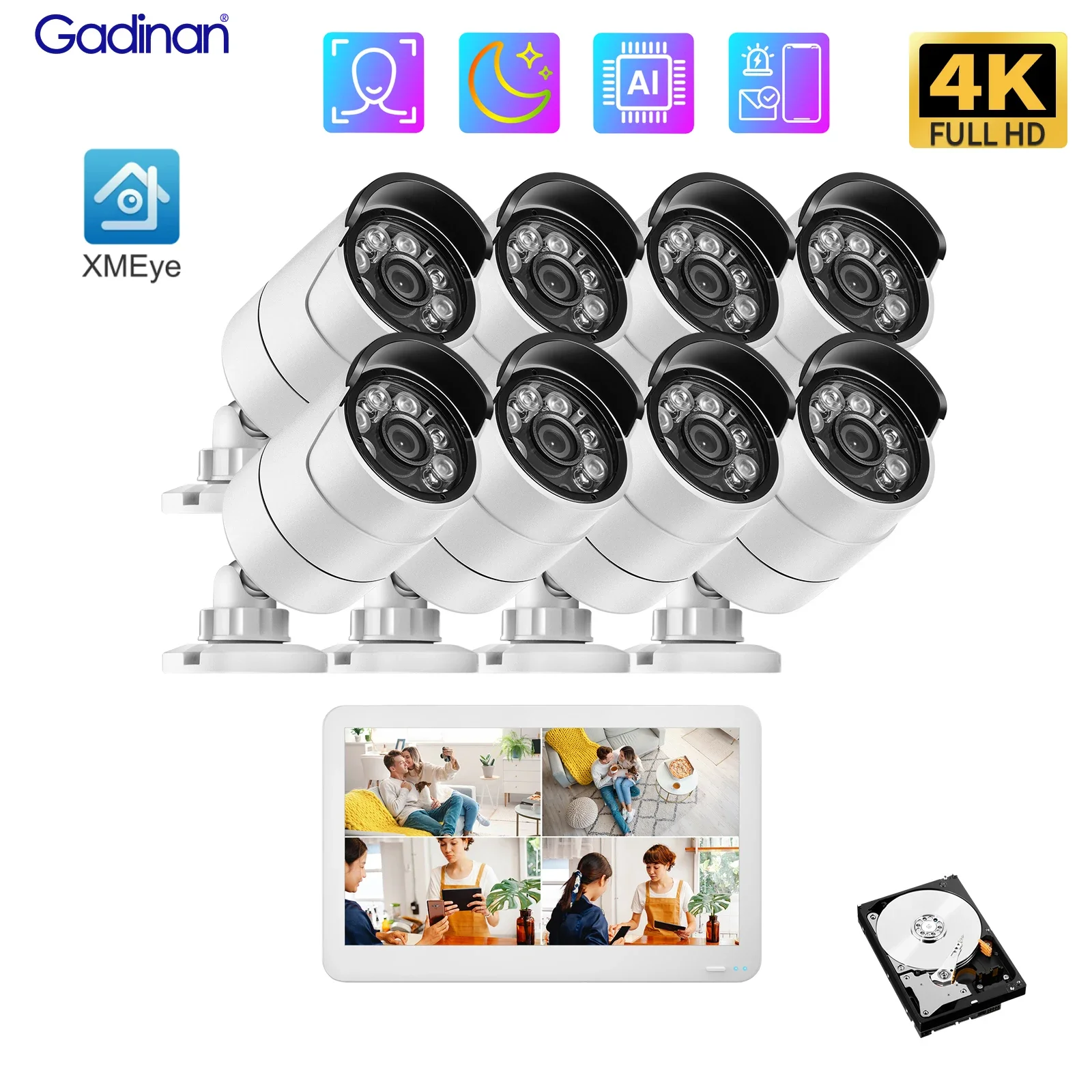 

Gadinan 8CH POE 12"LCD Screen NVR Kit CCTV Security Camera System Face Detection Outdoor 4K 8MP IP Camera Video Surveillance Set