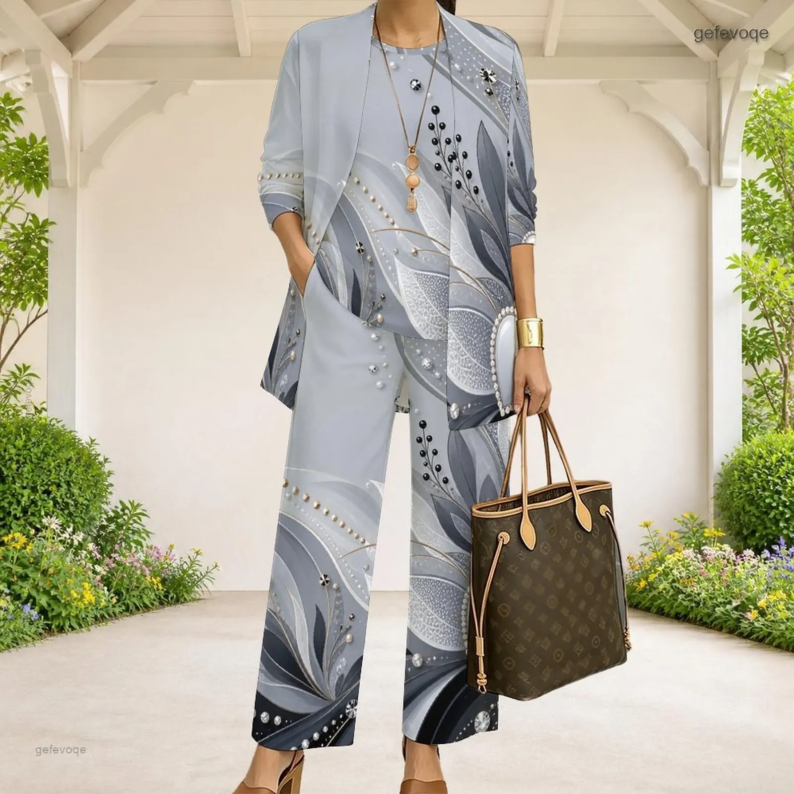 Women Black Dark Green Gold Abstract Swirl Printed 3 Piece Pants Set 3/4 Sleeve Cardigan Tank Top Long Pants - view 4
