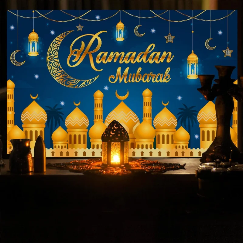 VIKAMA Ramadan Mubarak Blue Gold Mosque Banner Black Gold Ramadan Wall Hanging for Living Room Bedroom Party Atmosphere Setup