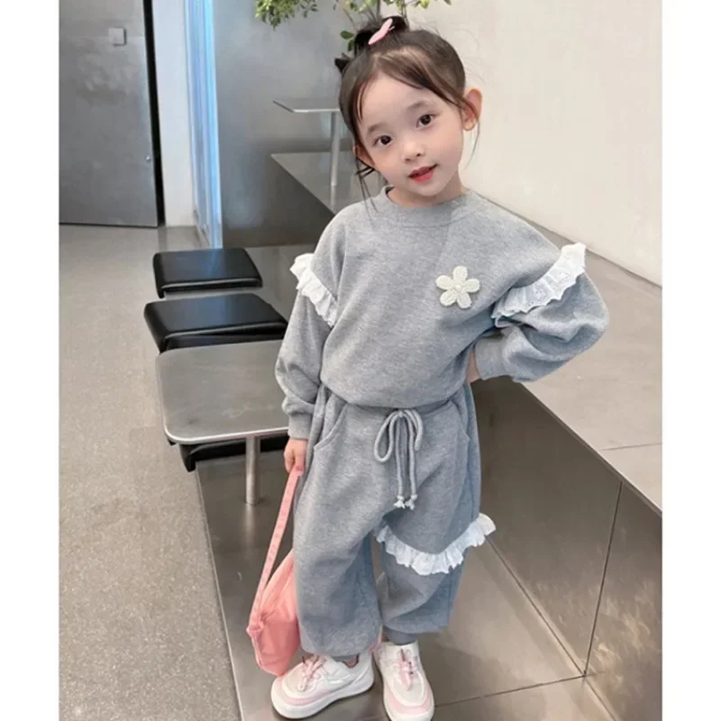 

2023 Autumn Baby Girl Clothes Set Children's Waffle Lace Pullover Sweater Top and Pant Suit Floral Sweatshirt Sweatpant Outfit