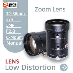 ZLKC 12-36mm Zoom Lens HD CCTV lens 2/3 Inch Manual Iris Varifocal Low distortion 5MP FA C Mount lens for Machine Vision Cameras