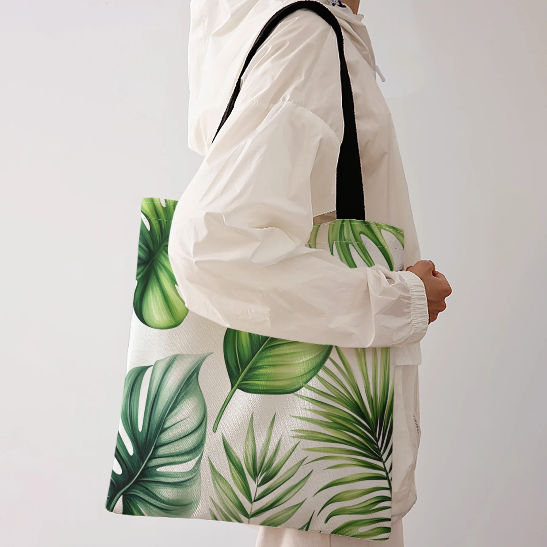 Tropical Leaf Print Tote Bag With Black Handles Large Shoulder Handbag For Shopping Daily Use