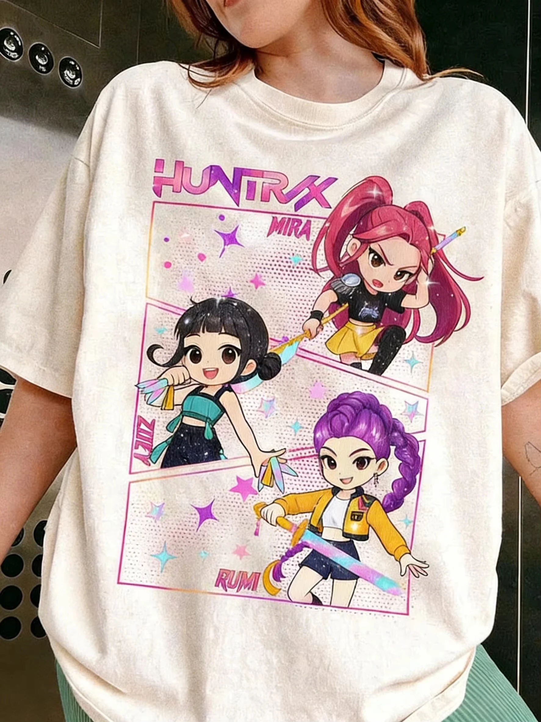 

Футболка Kpop Demon Hunters Huntrix с графическим принтом, женская и мужская, повседневная, с коротким рукавом, уличная мода, топы, лето 2026, футболка с мультяшным принтом