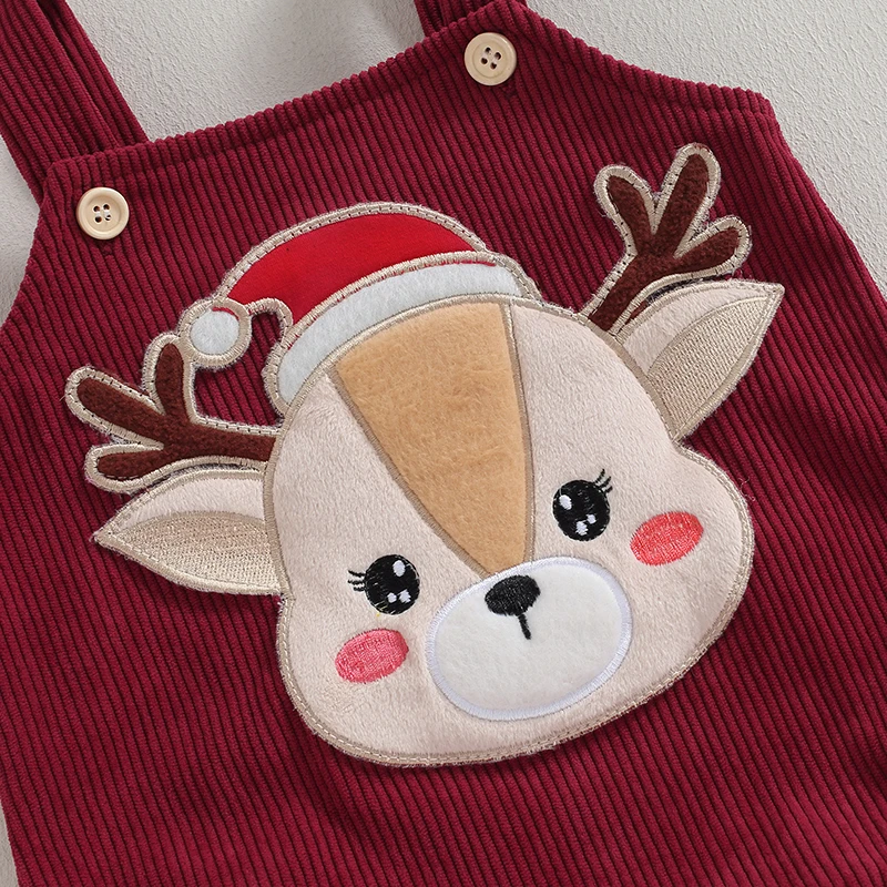 0-18M Baby Boy Christmas Corduroy Rompers Infant Elk Embroidery Buttom Sleeveless Jumpsuits Overalls Newborn Bodysuit for Winter