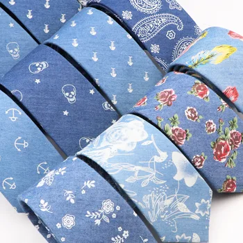 Erkekler için yeni pamuk mavi Denim kravat kafatası çapa çiçek balık kemik kravat düğün parti rahat baskı ince kravatlar günlük giyim hediye