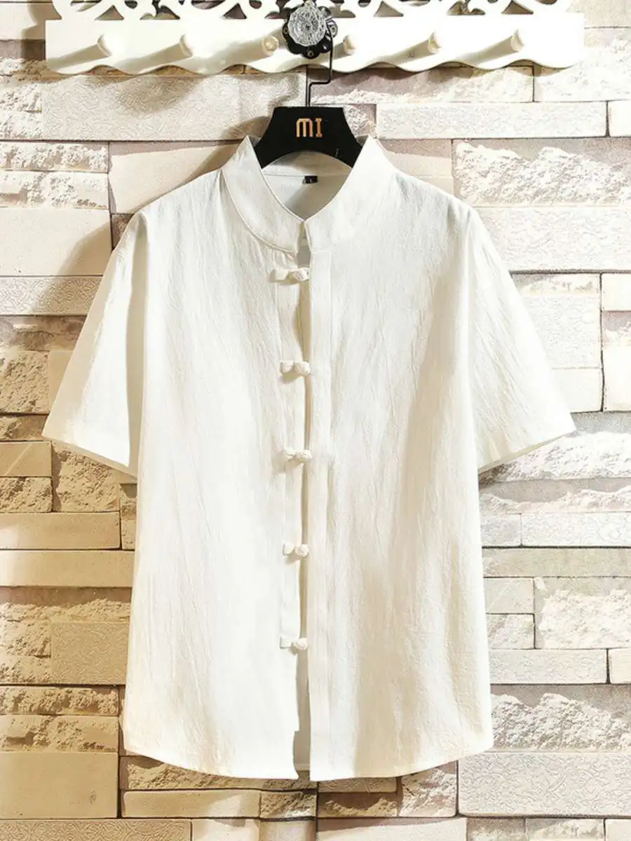 

Летняя мужская рубашка оверсайз в стиле ретро с пуговицами, однотонная, с воротником-стойкой, свободного кроя, для повседневной носки