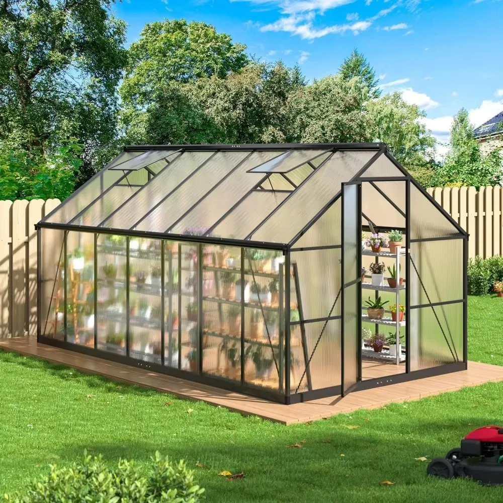 Greenhouse Outdoors 8x14 FT , Quick-fit Structure Greenhouse Window for Ventilation, Aluminum Greenhouse Garden Backyard, Black