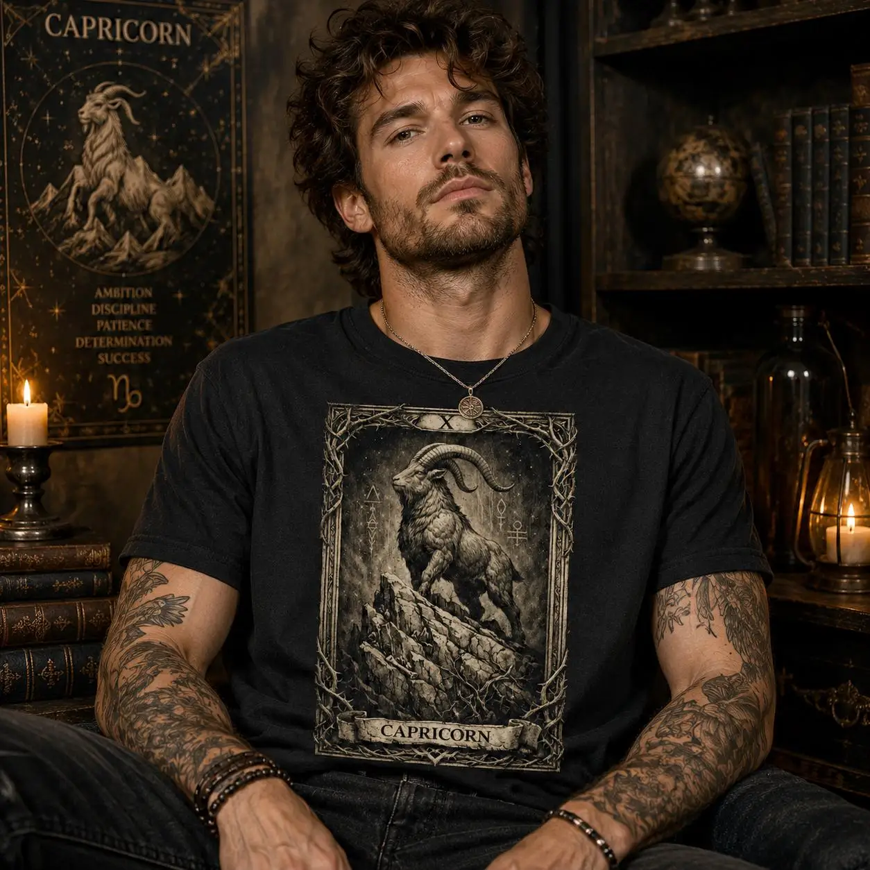 Capricorn Tarot Card T-Shirt Zodiac Goat Graphic Tee Gothic Astrology Apparel  High-Quality  Fashion Trend - Casual Comfortable