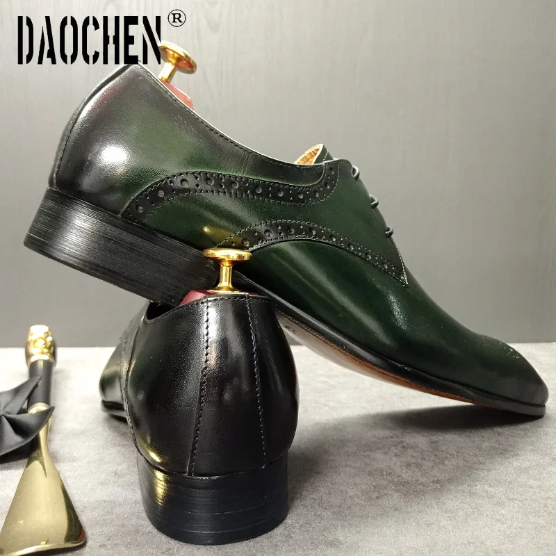 Luxury Brand Derby Men Shoes Lace Up Pointed Toe Brogue Green Black Shoes Casual Dress Wedding Office Leather Shoes Men