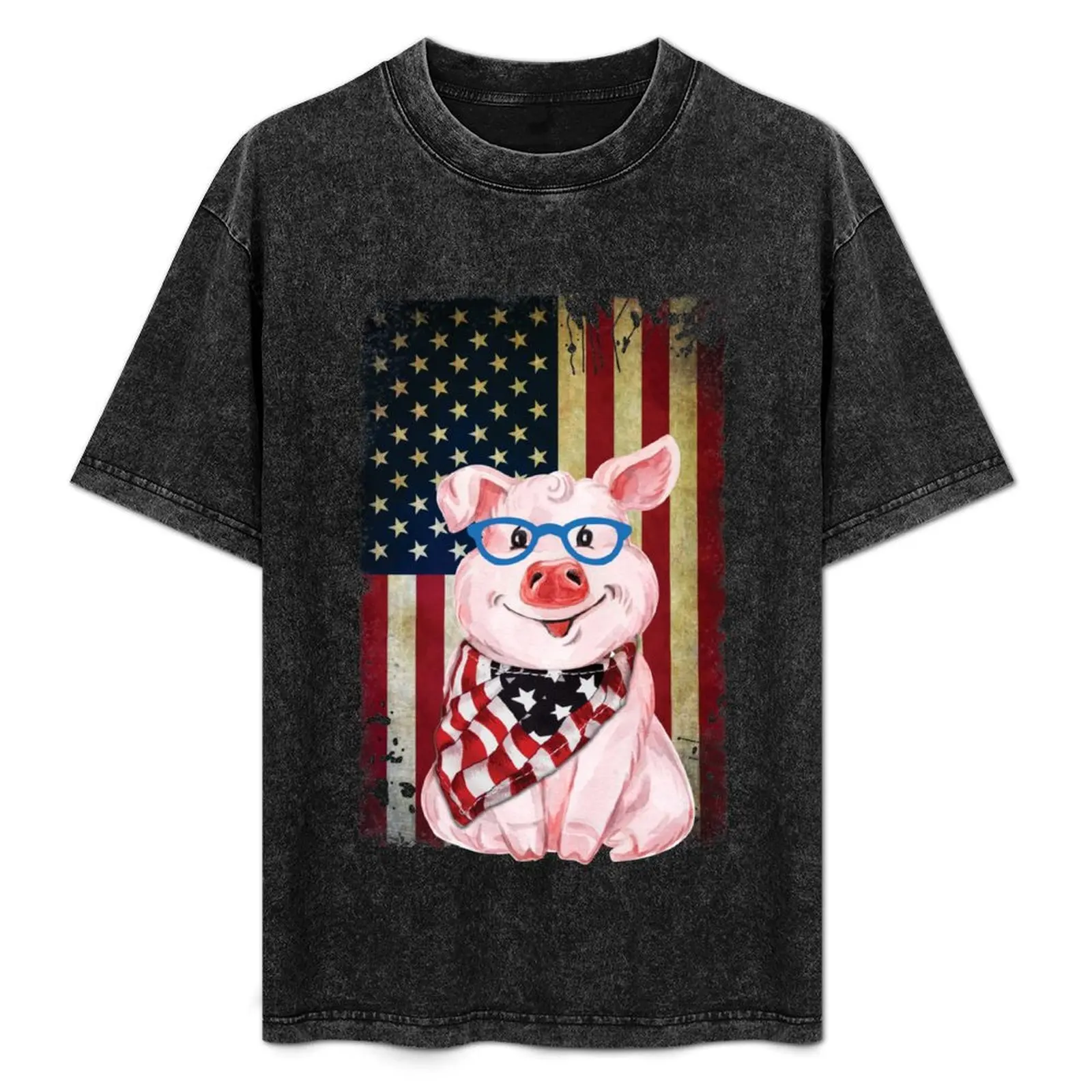 

Vintage American Flag Pig T-Shirt Plus Size Street Style Tee