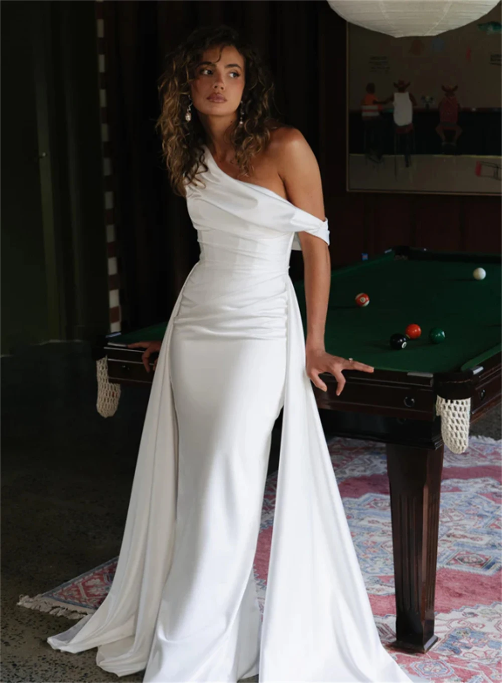 Off Shoulder Mermaid Wedding Dress for Bride Pleated Backless Bridal Gowns Elegant Vestido De Novia Long Satin Wedding Gown