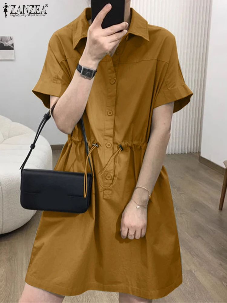 Mode Sommer Revers Hals Kurzarm Sommerkleid Frauen Overalls Kleid 2025, ZANZEA Stilvolle Arbeit Kleid Casual Solide Tasten Vestido